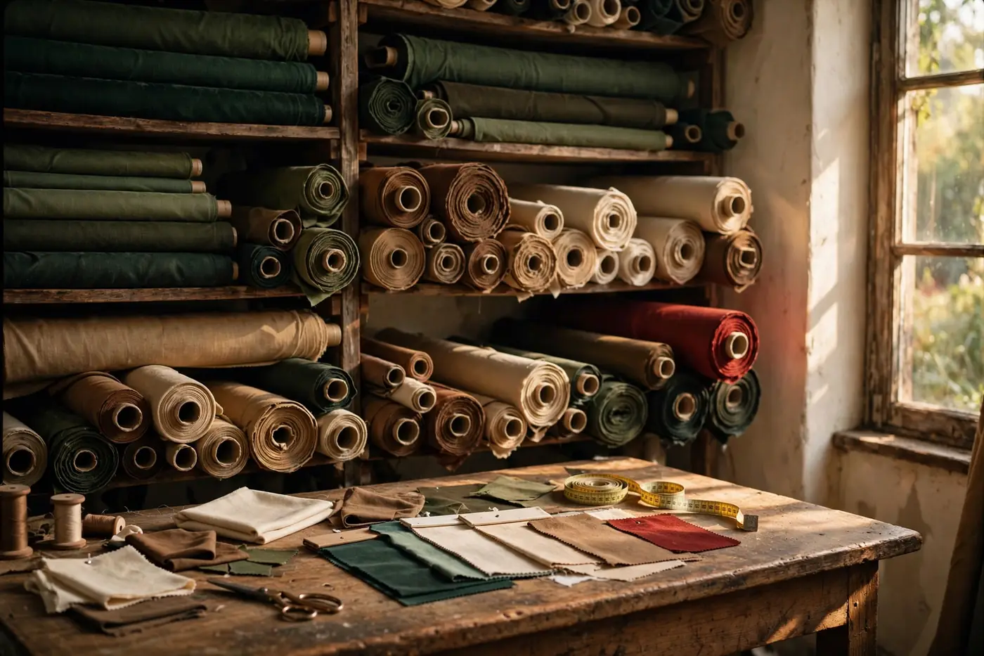 Wall of fabric bolts and a cutting table with swatches, measuring tape, and shears
