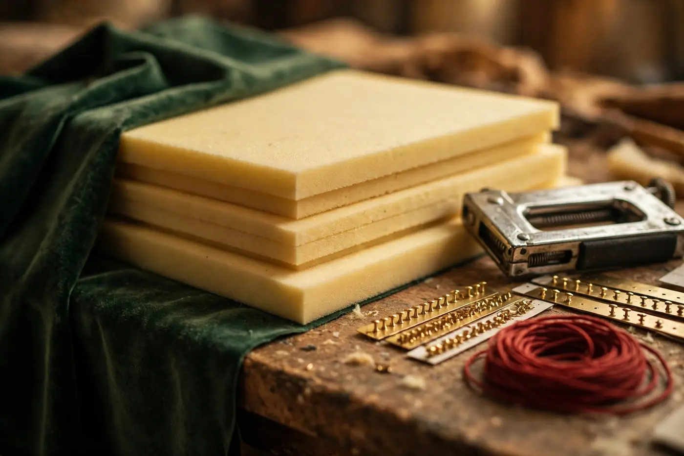 Fresh foam cushions, staple gun, brass tack strips, and red thread on the workbench