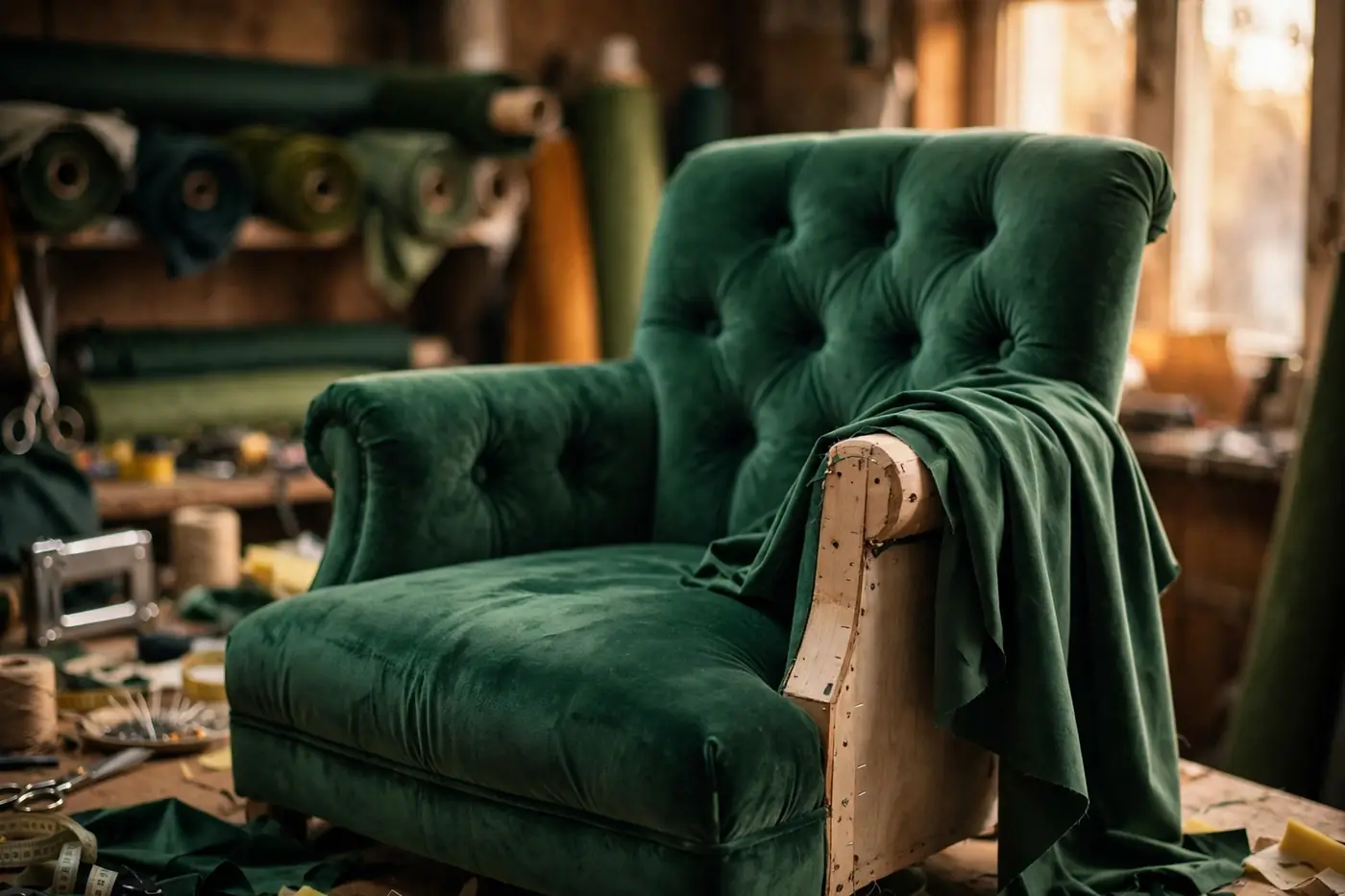 Button-tufted green velvet armchair mid-reupholstery in the workroom, one wooden arm frame exposed