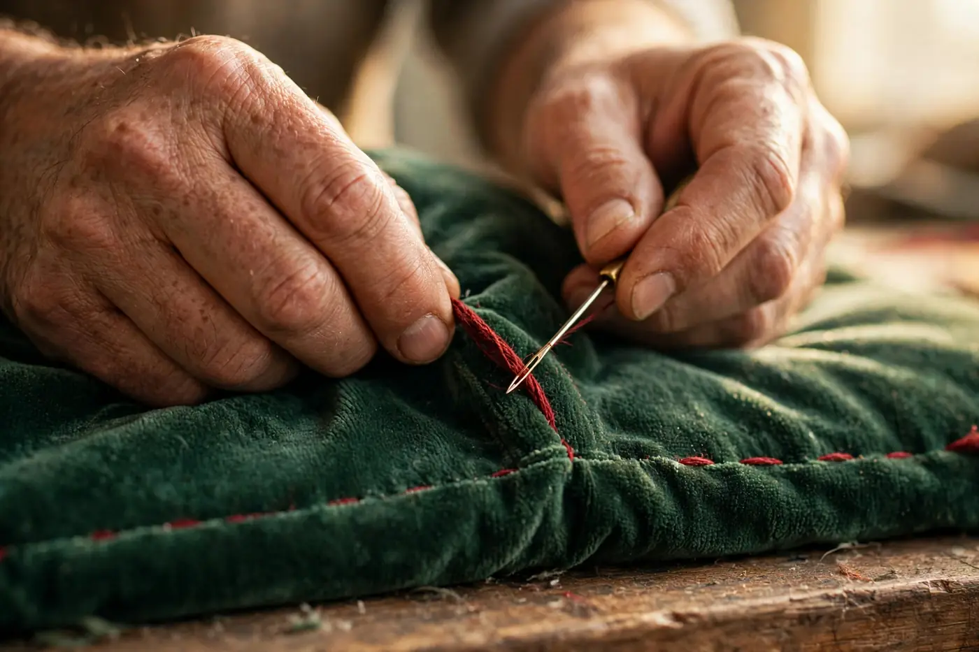 Hands stitching green velvet upholstery fabric with thick red thread